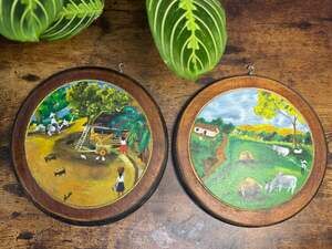 Pair of Vintage Hand Painted Costa Rica Folk Art Round Wooden Plaques Signed Mau